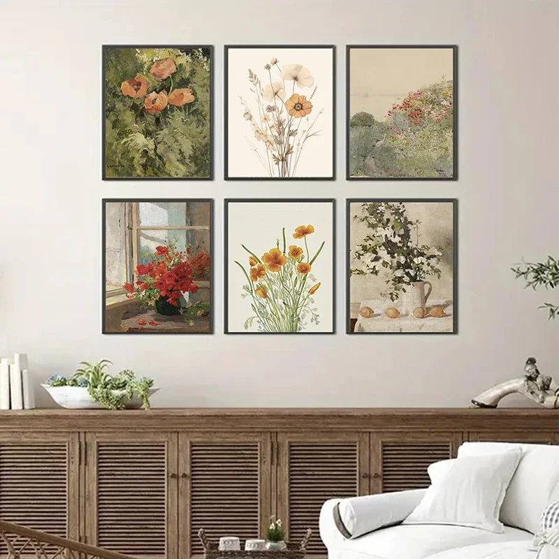 6pcs Scandinavian Vintage Floral Botanical Poster Flower Canvas Painting Bedroom Living Room Decoration Frameless Wall Art