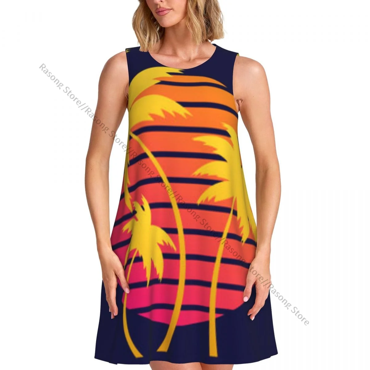 Women's Dress Summer Casual T Shirt Dresses Beach Cover up Palm Trees At Sunset Retro Style Tank Dress