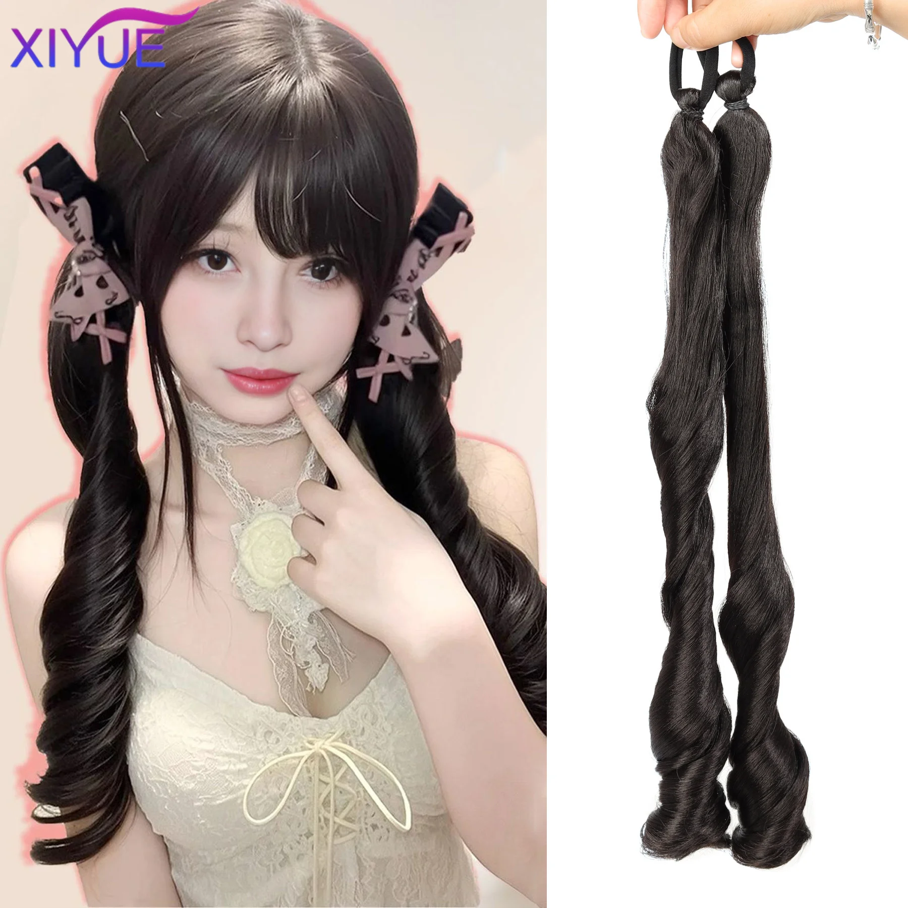 

Synthetic Elastic Rubber Band Ponytail Sweet Girl Black Rome Volume Long Curly Ponytail Hair Extension Heat-resistant Hairpiece