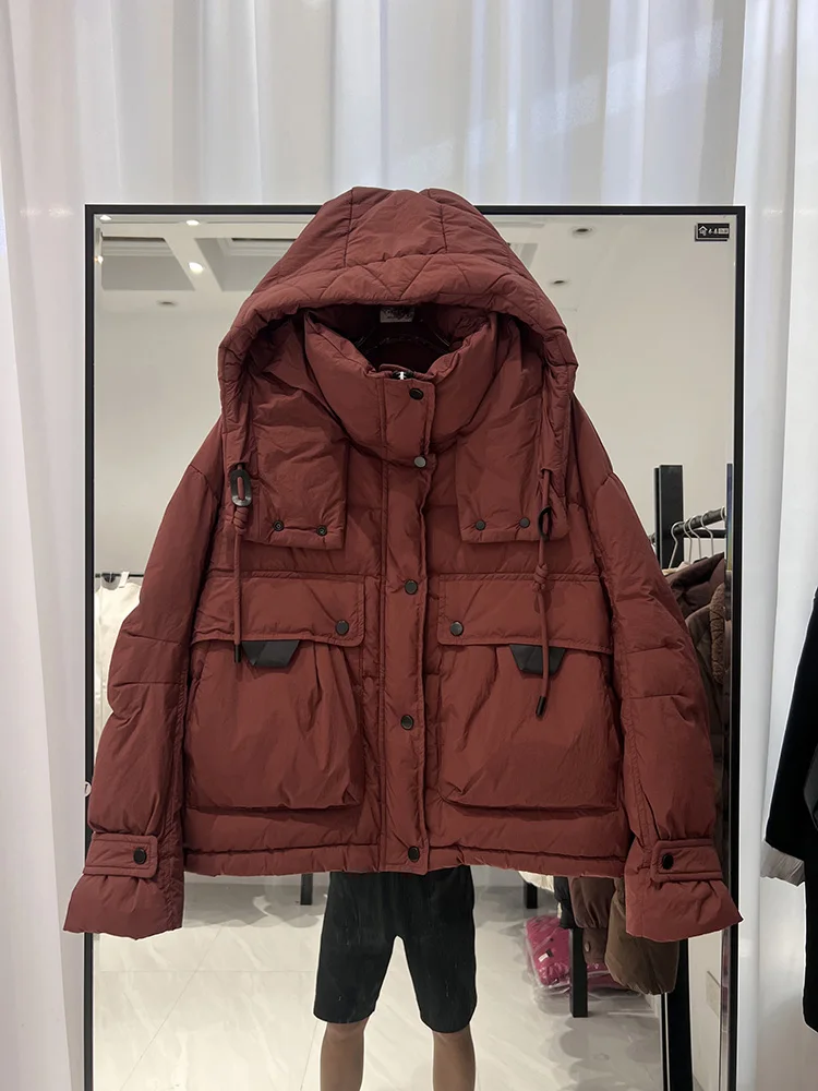 2025 new women's Korean version fashion hooded large pocket multi button versatile short style white duck down jacket