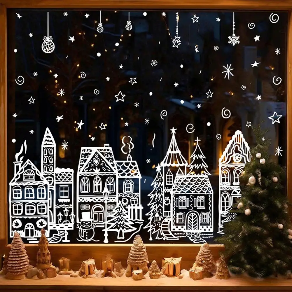 4 Blatt/Set große Weihnachts-Fensteraufkleber – Schneemann- und Schneeflockenaufkleber für festliche Glasdekoration, Schneehaus-Wandaufkleber