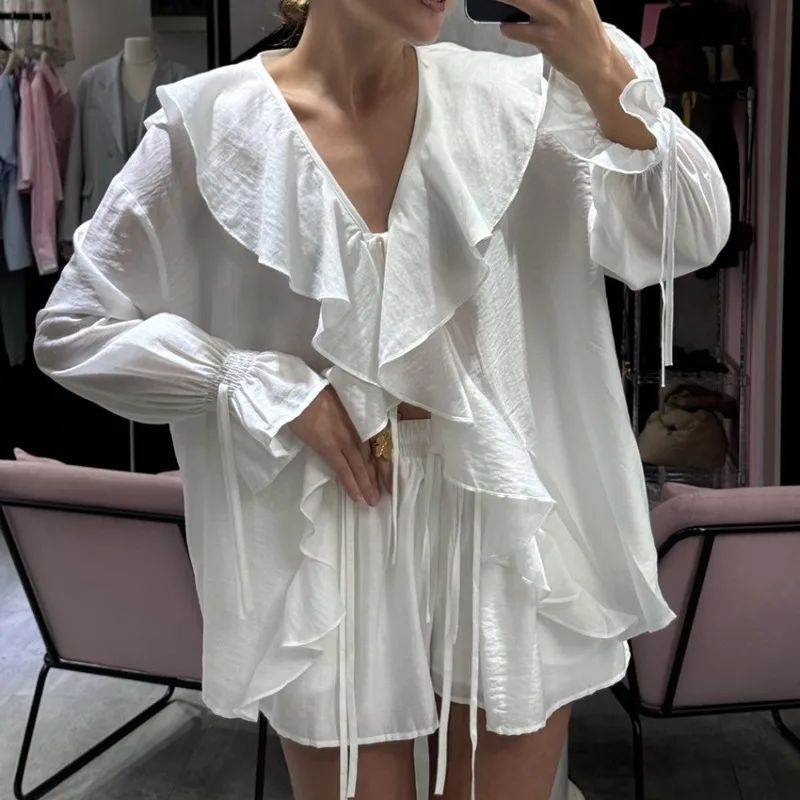 Women 2026 Spring Summer New Arrival Hot Selling Design Ruffle Tie Front Cardigan Top Shorts Two Piece Set Casual Trendy Chic