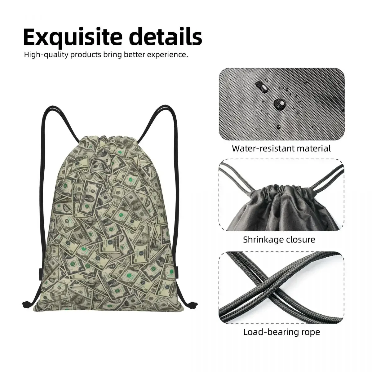 US Dollar Bills Gift Drawstring Backpack Bags Women Lightweight Banknotes Money Pattern Gym Sports Sackpack Sacks for Training