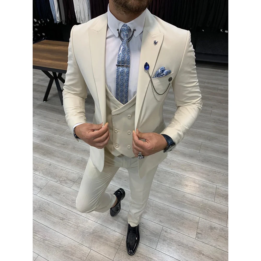 Solid Color Bespoke Men Suits Formal Occasion Luxury Clothing Single Breasted Peak Lapel 3 Piece Jacket Pants Vest Sets Terno