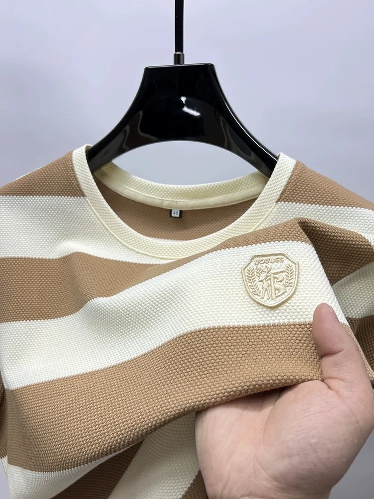 2024 High end brand fashion badge printed short sleeve T-shirt men summer trend striped round neck T-shirt casual breathable top