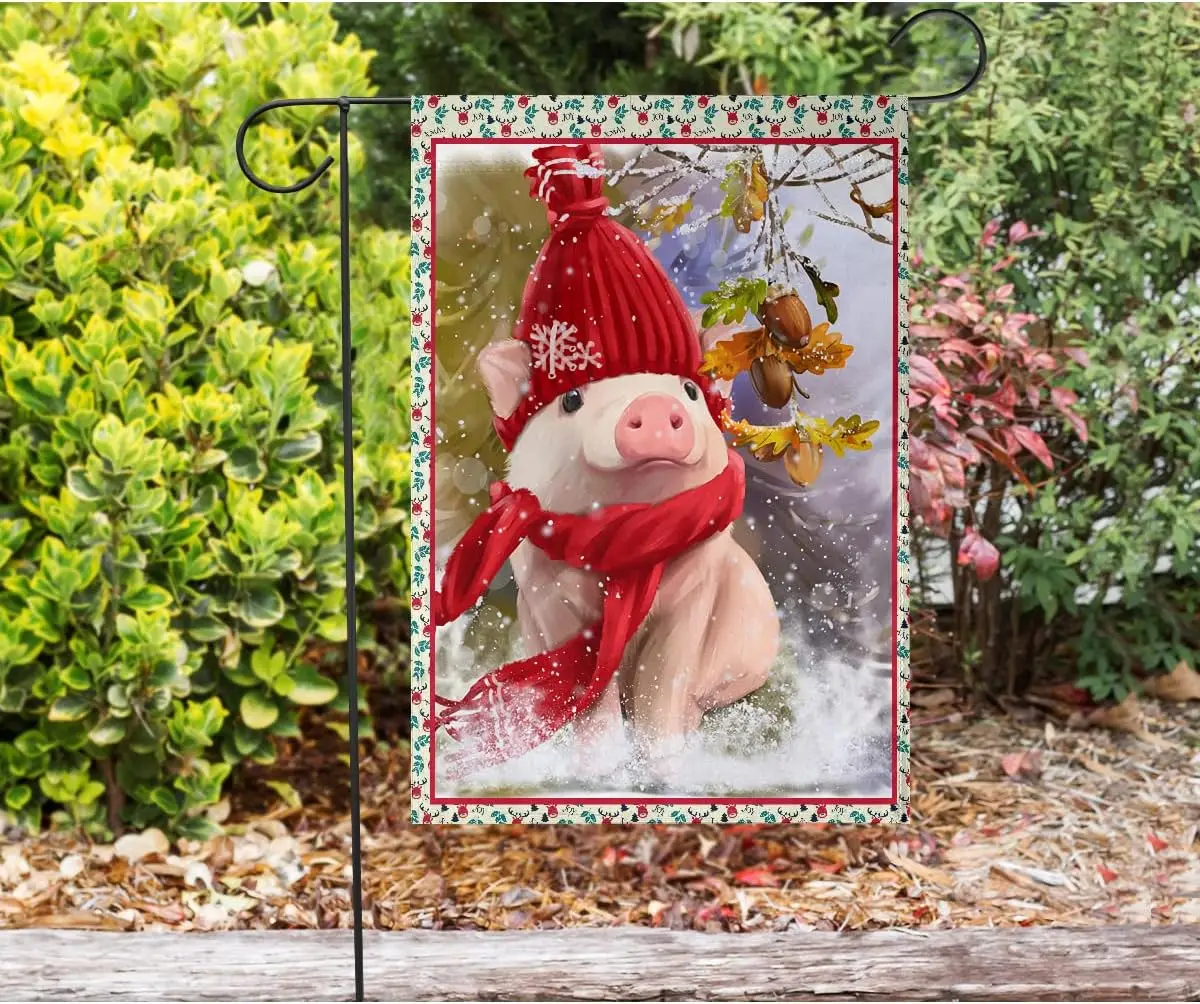 Cute Pig Wearing Beanie And Scarf Winter Christmas Art House Flag, Cute Pig Wearing Red Hat And Scarf On Snow Place Garden Flag,