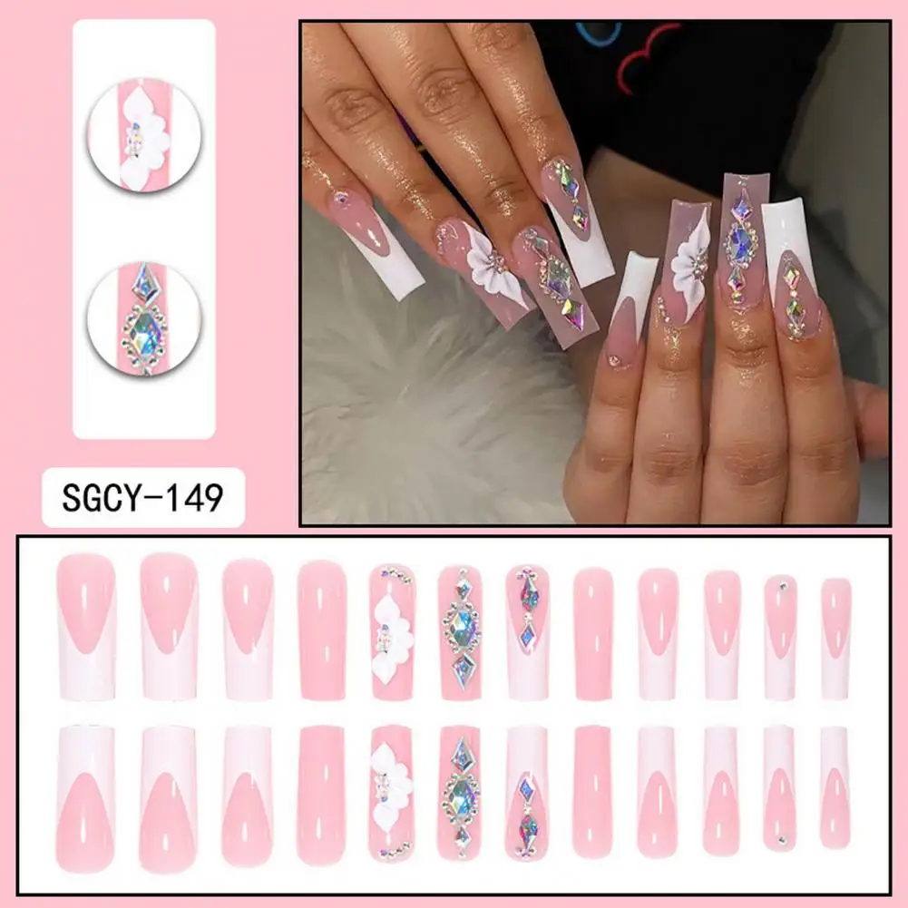 Gift for Wives Long Fake Nails Flowers Extra Long Square Fake Nails 24pcs Full Cover Manicure Design Nail Tips for Women Quick