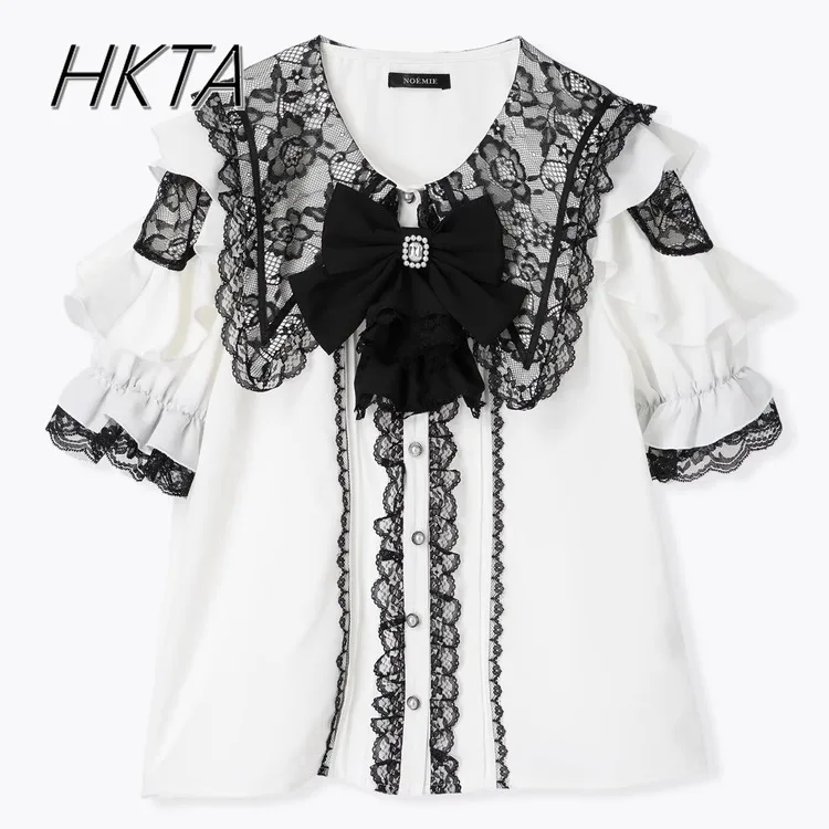 Japanese Black White Shirt Ladies Sweet Mine Cute Off-the-shoulder Lace Navy Collar Short-sleeve Blouse Summer New Lolita Top