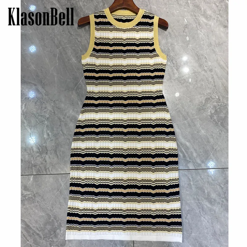 

8.24 KlasonBell Elegant Contrast Color Wave Striped Hollow Out Jacquard O-Neck Sleeveless Knitted Tank Dress Women