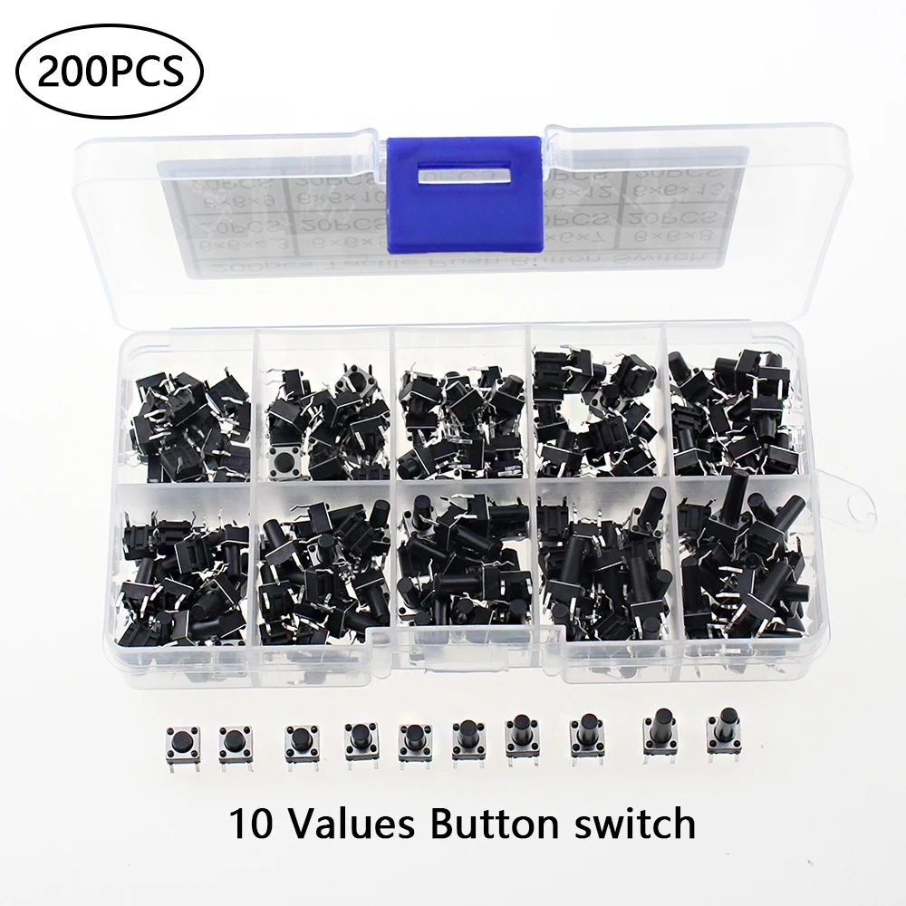 200 Uds 10 modelos 6*6 interruptor táctil Kit de interruptor de botón táctil altura: 4,3 5-12mm DIP 4P Micro interruptor 6x6 interruptor de llave