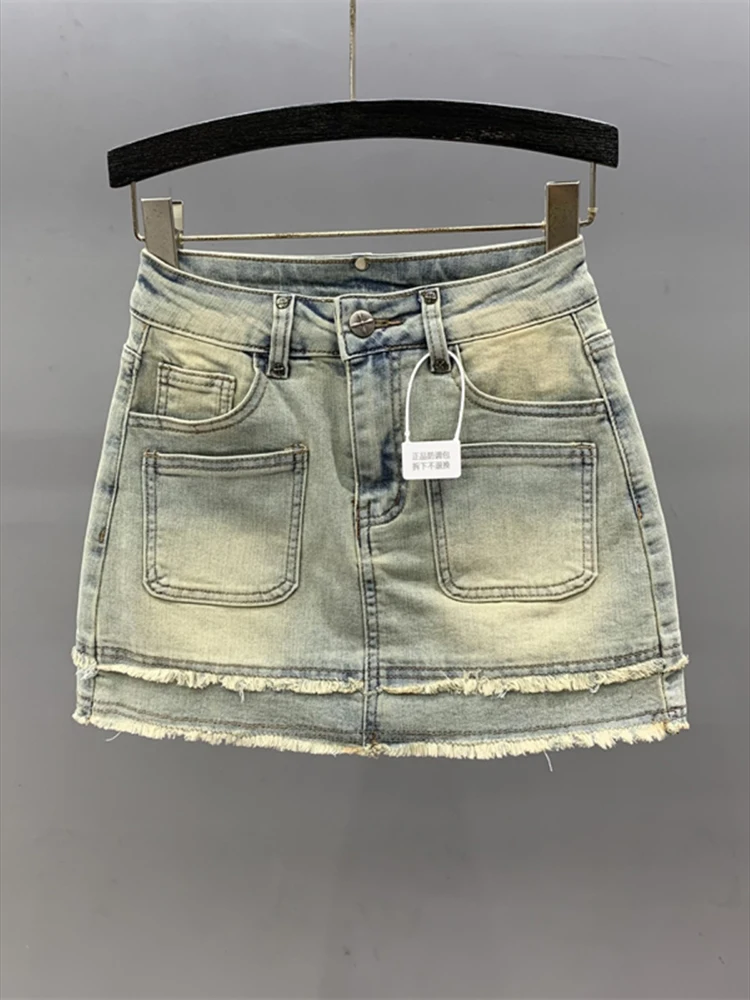 Jupes en jean taille haute pour femmes, jupes courtes délavées, hanche ronde, mince, été, nouvelle mode, 2024