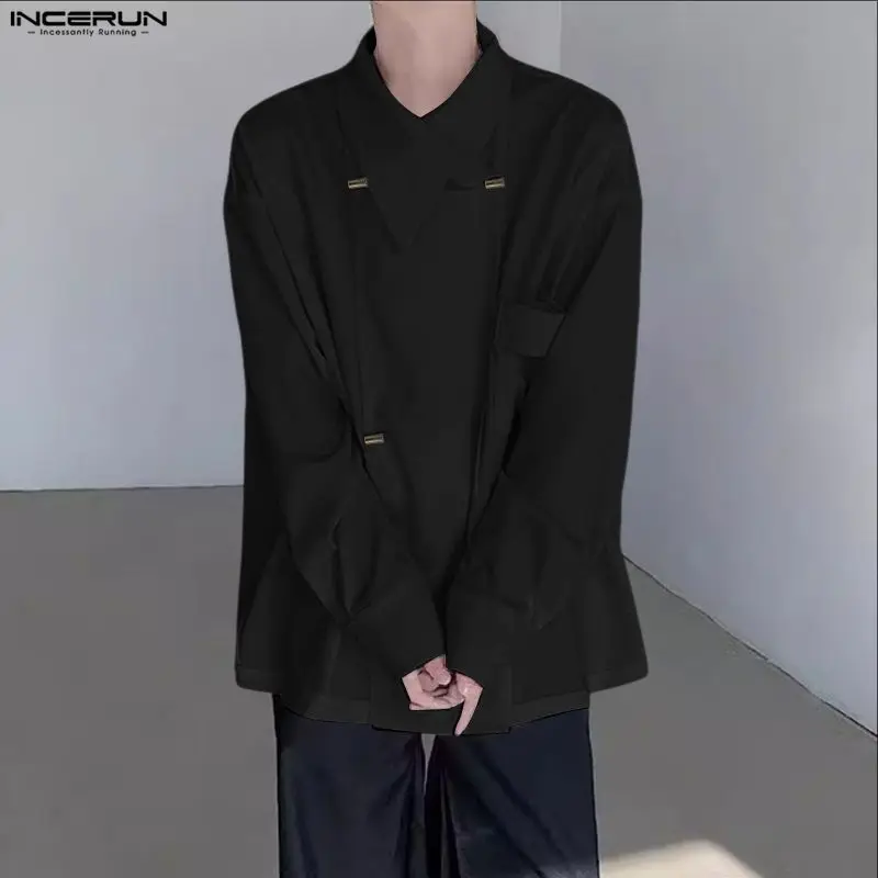

INCERUN Мужская рубашка с однотонными лацканами и длинным рукавом в корейском стиле Мужская одежда Уличная одежда Свободные модные повседневные мужские рубашки в корейском стиле