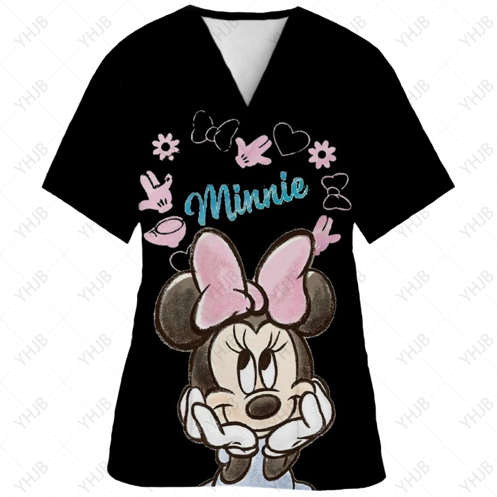 Disney-Women\'s Minnie Mickey Print Nursing Scrubs T-Shirt, Casual Tops, Short Sleeve, V-neck Pocket, Women Uniform