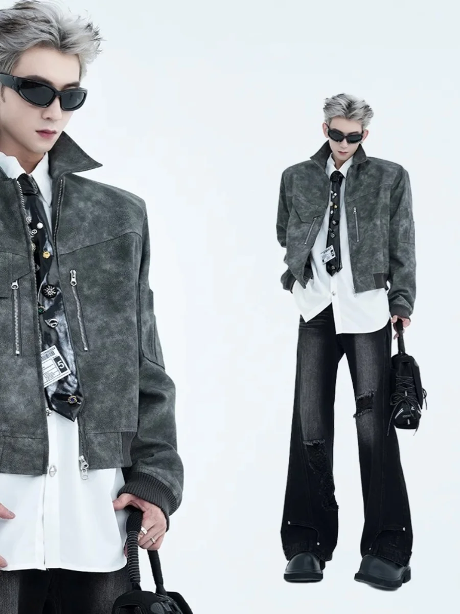 

Ретро-мотоциклетная замшевая куртка для мужчин, весенне-осенняя, модная, с эффектом потертости, стильная, молодежная, с эффектом цветного патинирования