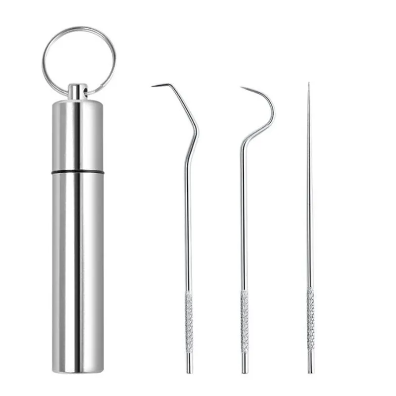 3PCS Zahnstocher Set Tragbare Edelstahl Zahnstocher Wiederverwendbare Metall Zahnstocher Zähne Reiniger Stärkere Zahnseide Sauber Mund
