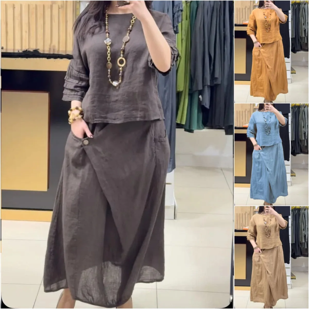 

2025 Spring Summer Women's Skirt Suit Pullover Top O-neck Irregular Long Skirt Simple Elegant Casual Solid Color 2-piece Sets