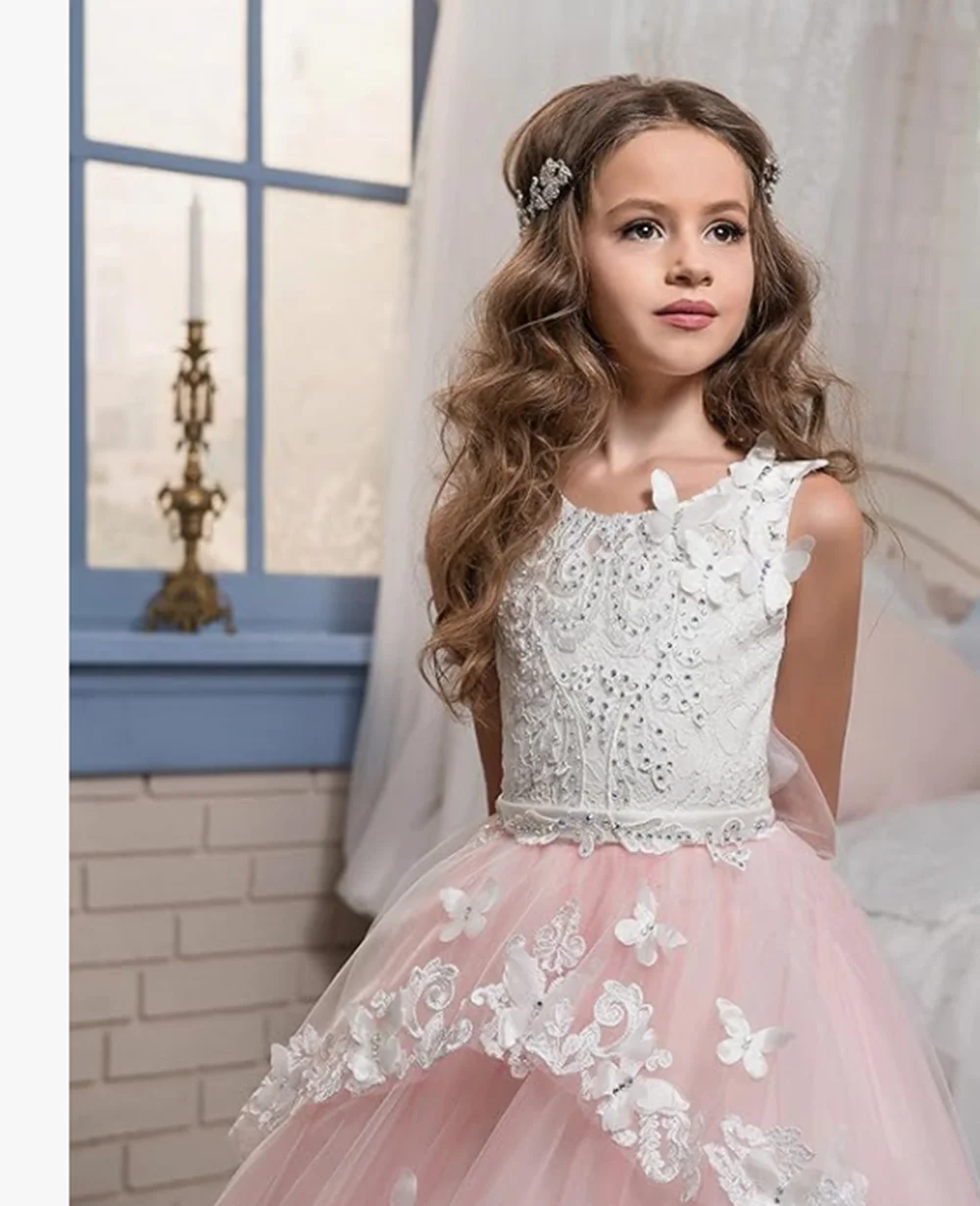 Vestido de niña de flores rosa personalizado, apliques blancos de tul con cinturón de lazo para boda, fiesta de cumpleaños, vestido de comunión