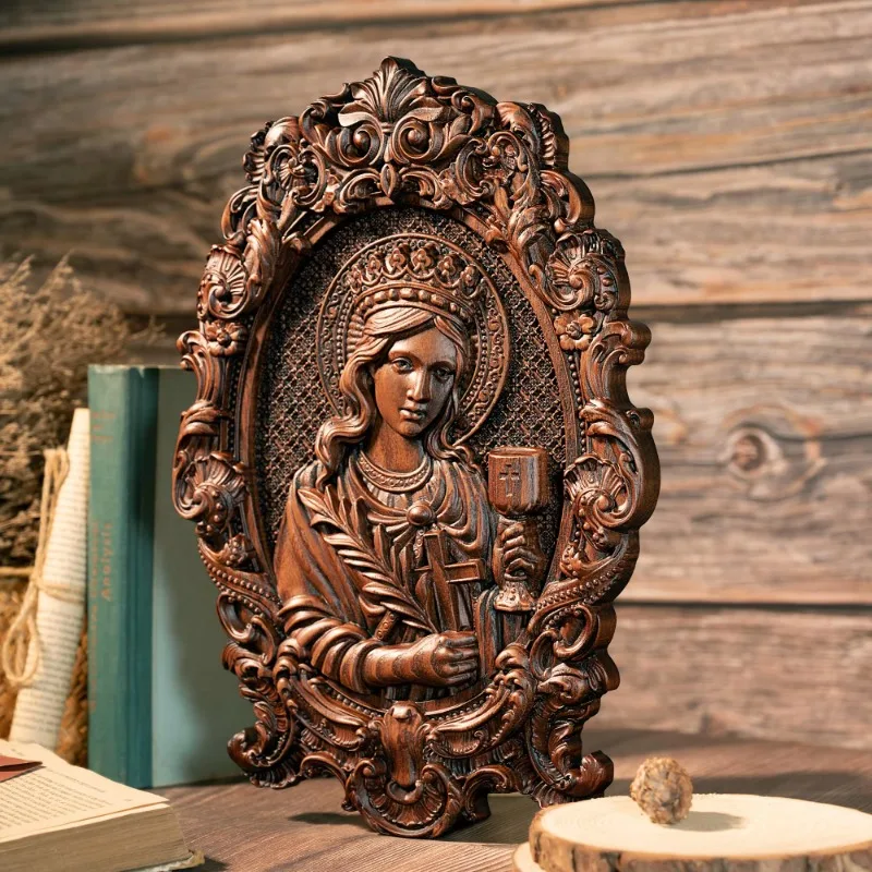 

Vantage Saint Barbara Artillery Wood Carving Patron, Religious Mural, Home Interior Wall Decor, Relief Wooden Gift