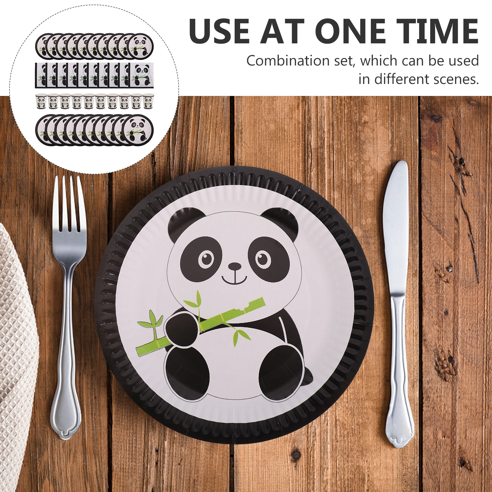Vajilla desechable de Panda, platos, vasos, servilletas, suministros para fiestas, vajilla de papel de dibujos animados, color blanco y negro, 7 pulgadas, 9 pulgadas, 1 Juego