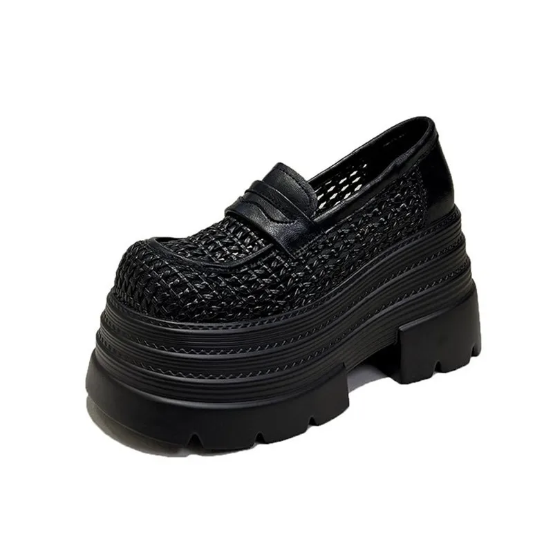 

Fashion Woven Mesh Breathable Loafers Women Sneakers 2026 Summer New Versatile Hollow Sandals Thick Sole Lace Up Single Shoes