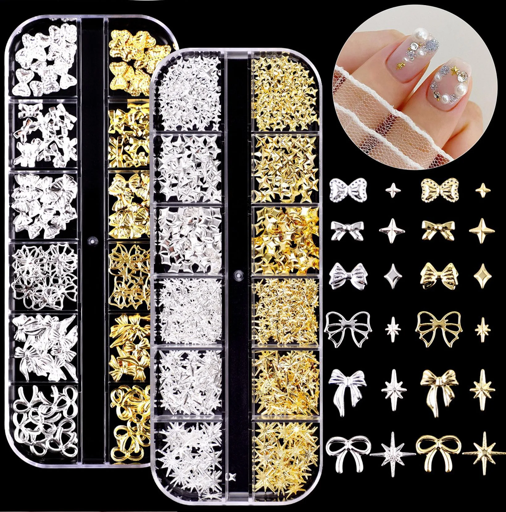 2 Box Set Nail Art Decorations, Bow Starburst Dual Box Set, Silver Color Rivet Accessories, DIY Nail Stickers, Fashion Nail Jewe