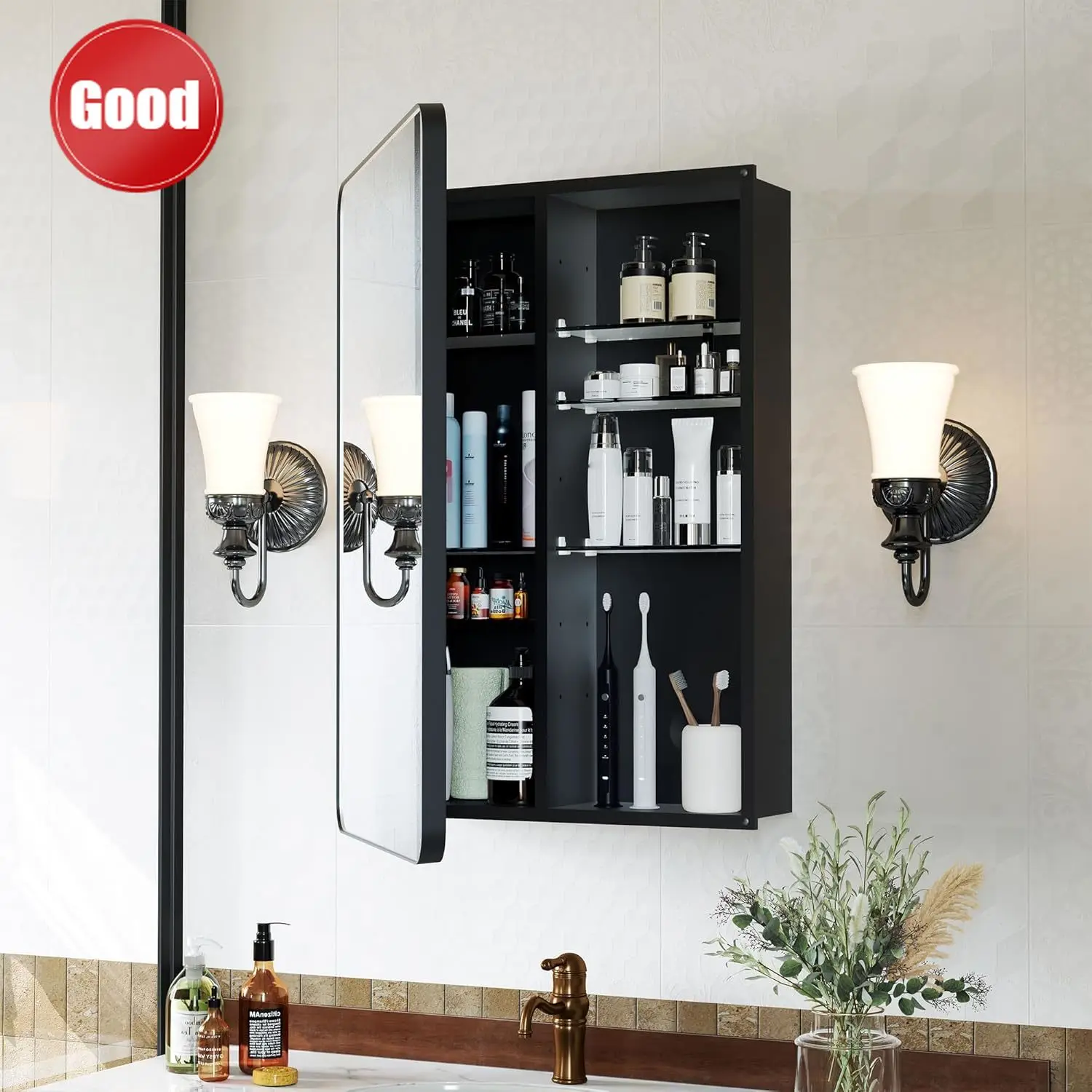 Cost-effective Medicine Cabinet 16x24 Inch, Matte Black Aluminum Bathroom Mirror Cabinet with Storage, 6 Adjustable Glass Shelve