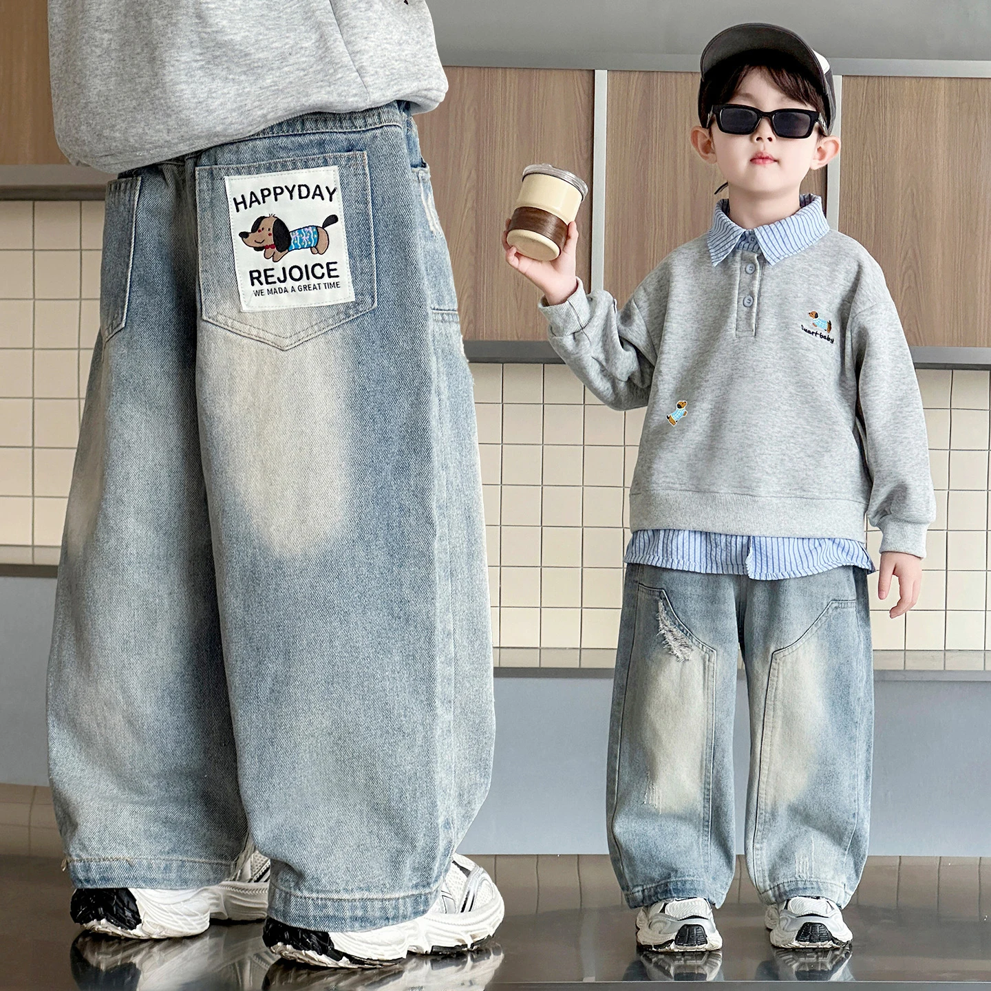 

Cool Fashionable Cartoon Dog Jeans for Boys Casual Straight Leg Long Pants New Arrival Street Style Knitted Fabric Spring Season