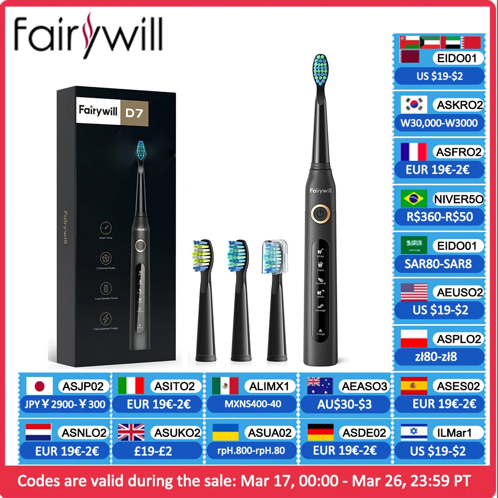 Fairywill Electric Sonic Toothbrush USB Charge FW-507 Rechargeable Waterproof Electronic Tooth Brushes Replacement Heads Adult