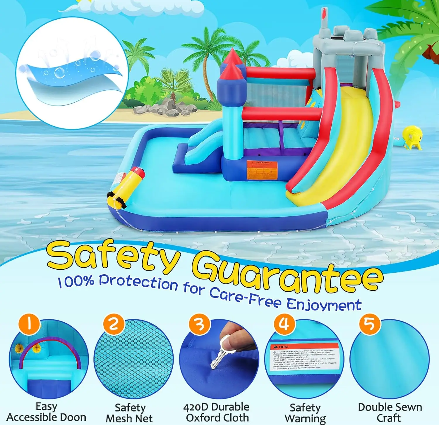 Bounce House waterglijbaan voor kinderen, 10-in-1 grote waterglijbaan opblaasbaar waterpark met splash pool lange glijbaan sprinklerblazer, zwart