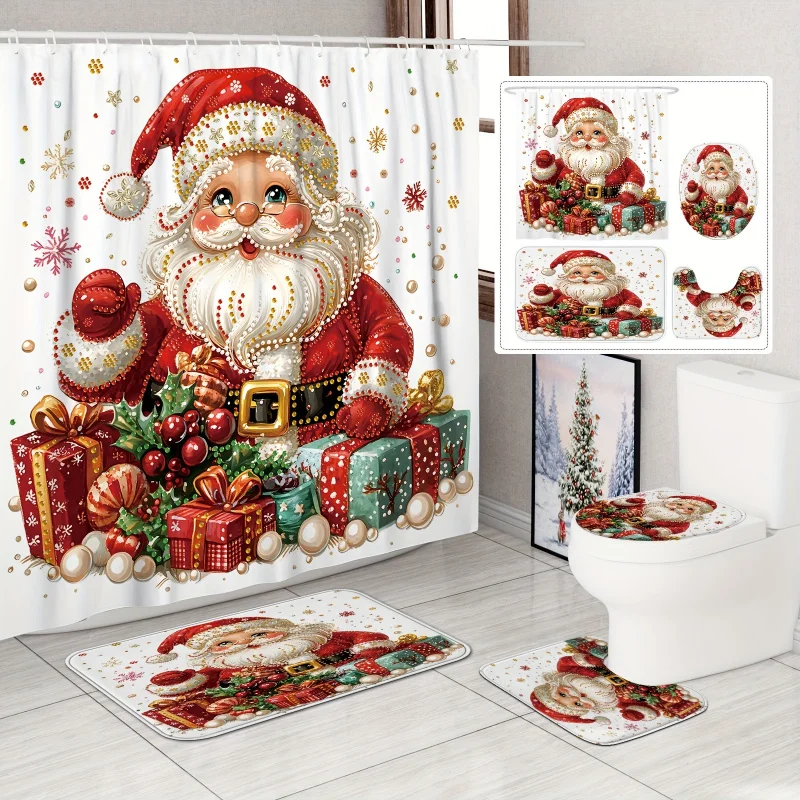 Festive Christmas Shower Curtain Set: Jolly Santa, Holly, and Snowflakes on Polyester, Waterproof, and Washable Curtain with 12