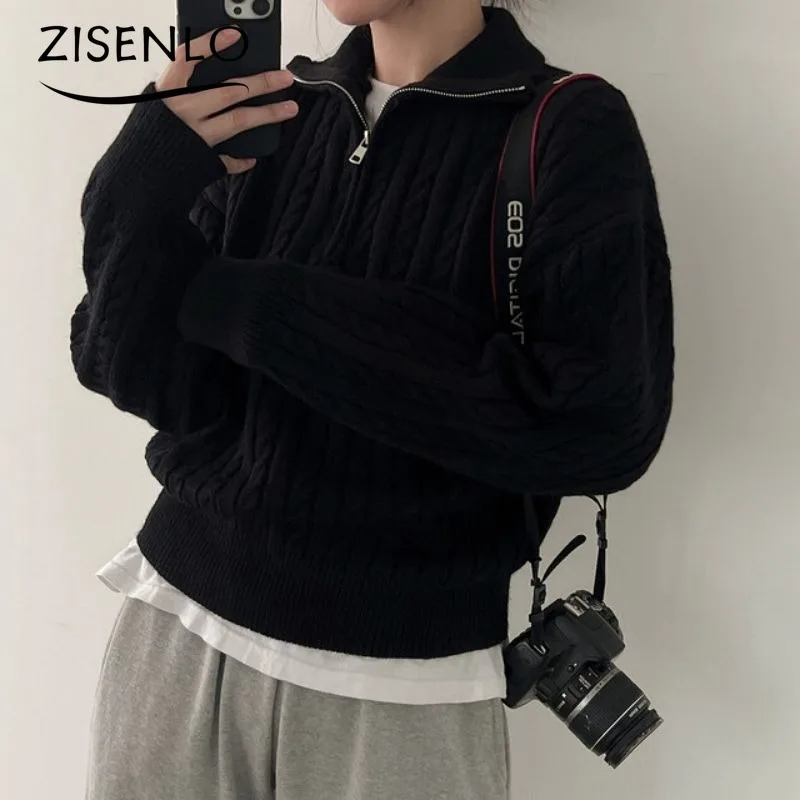 

Autumn Winter New Vintage Twisted Pullover Knit Sweater Zipper Casual Long-sleeved Pullover Oversized Sweater Korean Fashion Top