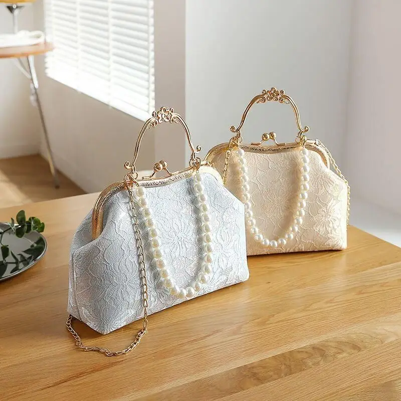 Fashion Lace Wedding Style Bag Classic Shell Lock Bags for Women Shoulder Crossbody Bag Chain Beads Women\'s Handbags Purses