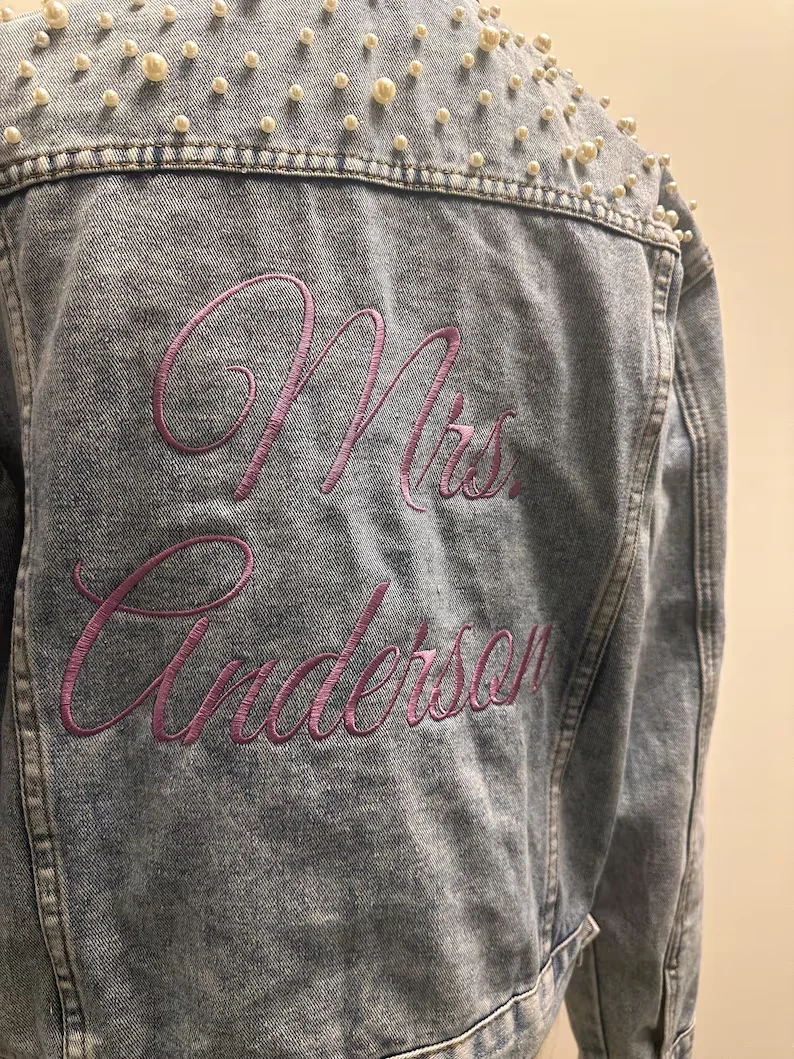 Bachelorette Embroidered Jean Jacket Hen Party Gift Custom Bride Denim Jacket Pearl Mrs Outerwear Personalised Coats Wedding Day