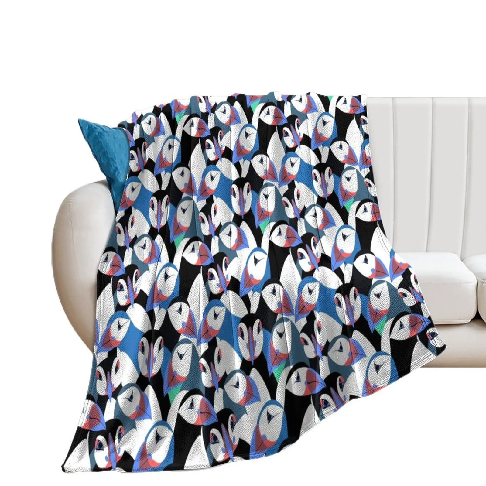 Puffins in bright blue Throw Blanket Shaggy Summer Beddings Soft Plaid Blankets