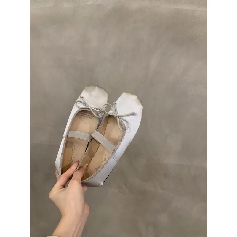 Luxury  Lace Tie Leg Satin Silk Ballet Flats Woman Square Toe Bowknot Elastic Band Ballerinas Ladies Wedding  Floral Shoes