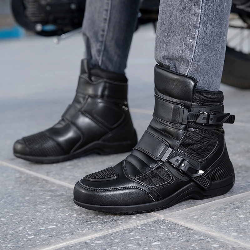 

Men Leather Motos Breathable New Motorcycle Boots Motorbike Racing Ankle Length Shoes Anti Slip Wear-resistant Riders Boots