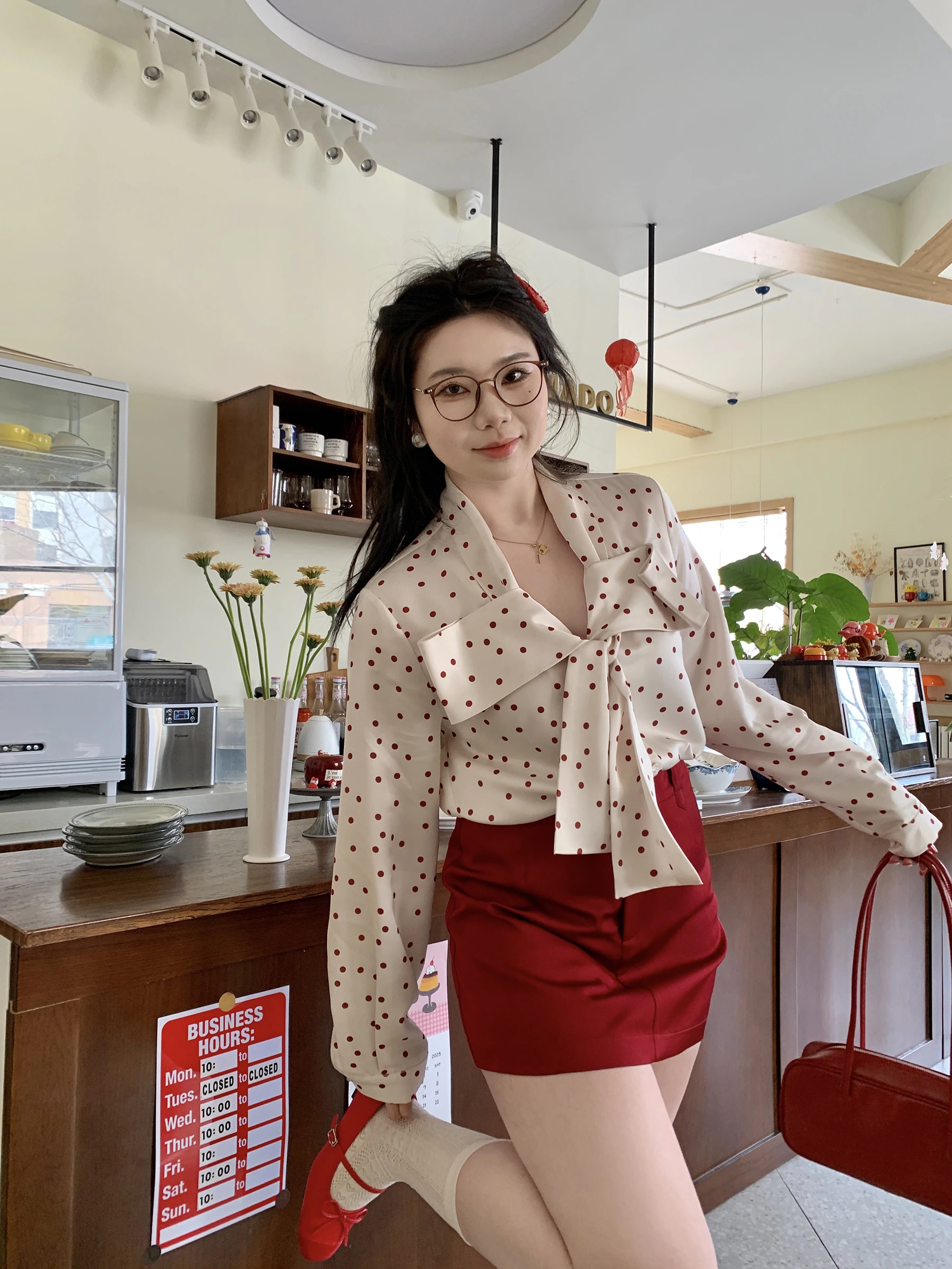 

Женская рубашка больших размеров в стиле ретро с принтом в горошек, с узлом, в гонконгском стиле, для пышных форм, M5T6 Micro Plump