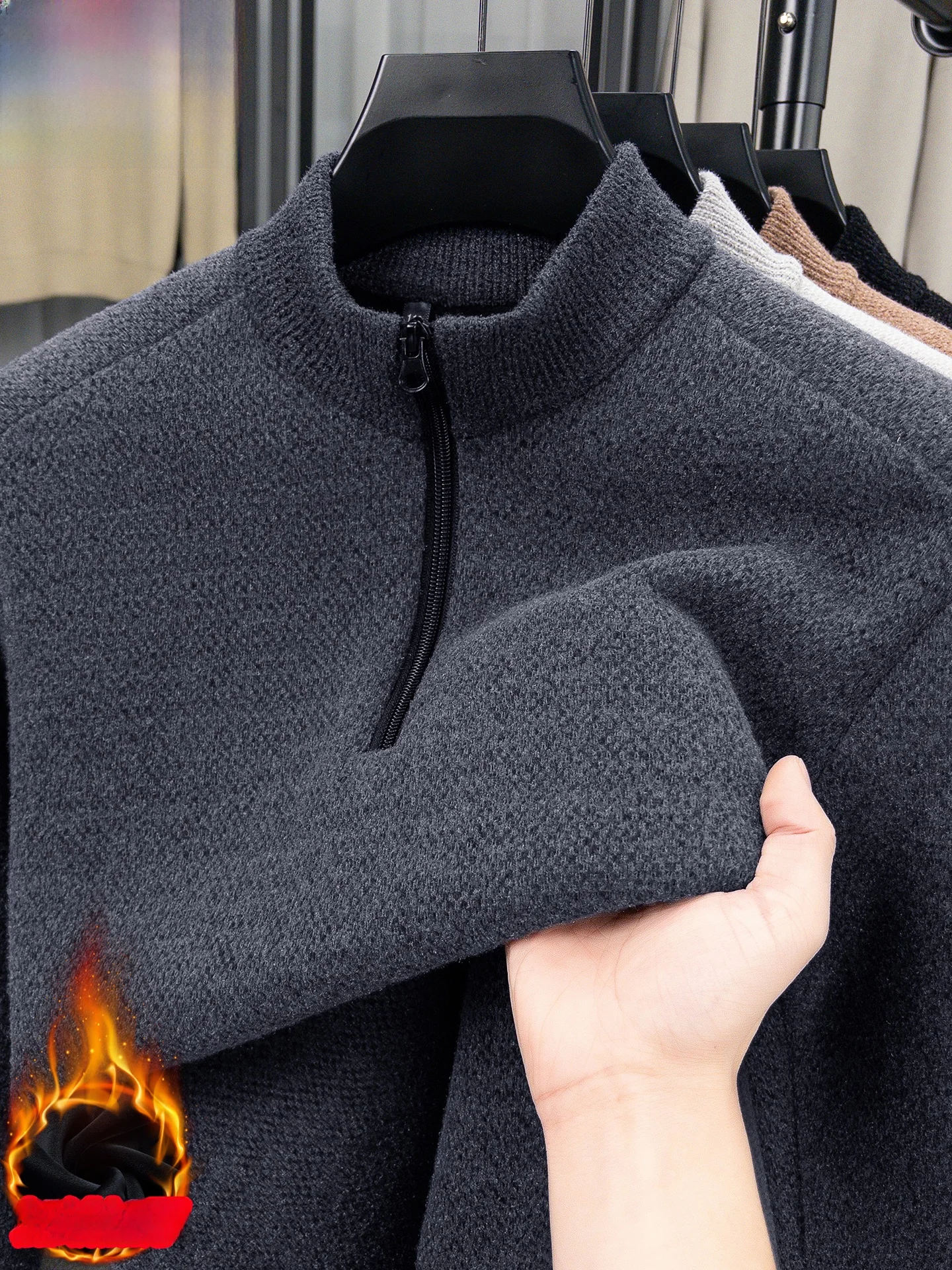 

Thiened f Zipper Wool Sweater Men's Winter Fur Inteated Fce Knitted irt Middle-aged Warm Faion Ci Casua...