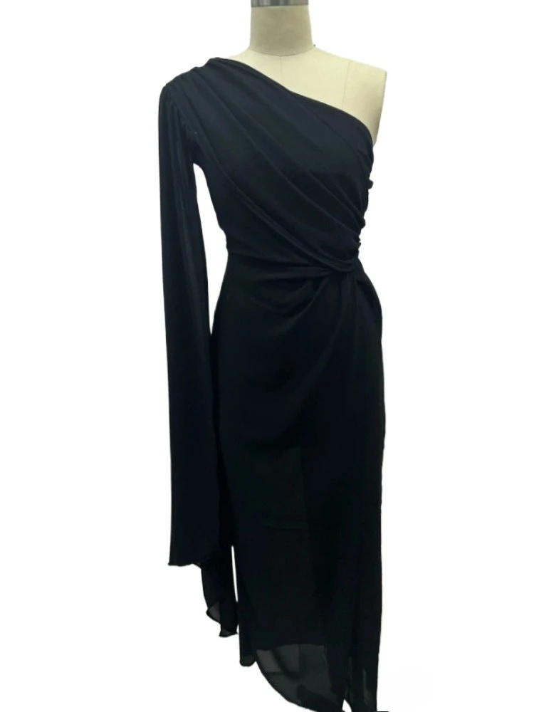 

Chic One Shoulder Long Sleeve Ruched High Low Chiffon High Split Party Dress