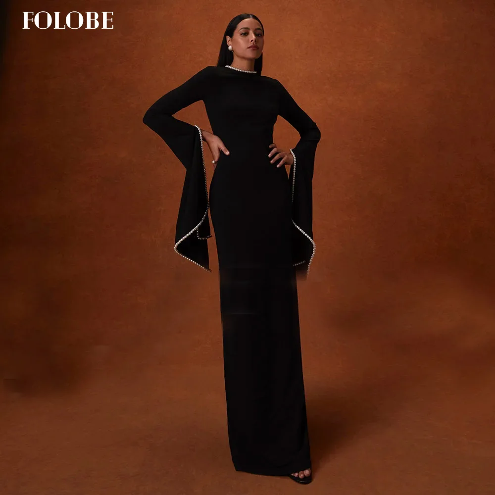FOLOBE أسلوب بسيط أسود جيرسي مساء اللباس لؤلؤة حورية البحر س الرقبة طويلة الأكمام فساتين لحضور الحفلات الموسيقية الكلاسيكية الرائعة الحديثة حسب الطلب