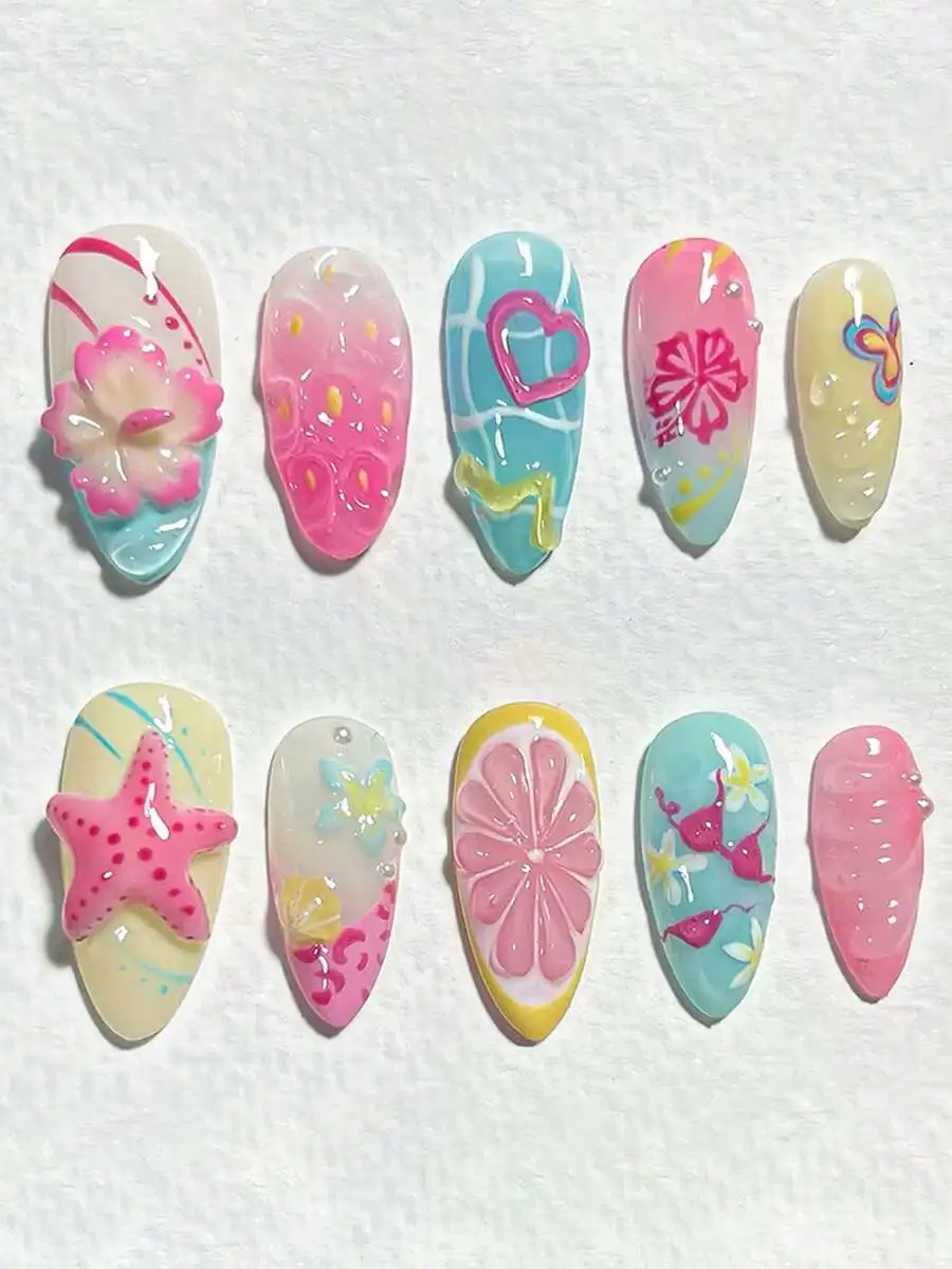 

24pcs French Almond Shaped Ombre Nail Stickers, Y2K Style With 3D Gold Bow Decor, Shiny & Glossy, Removable Design, Full Coverag