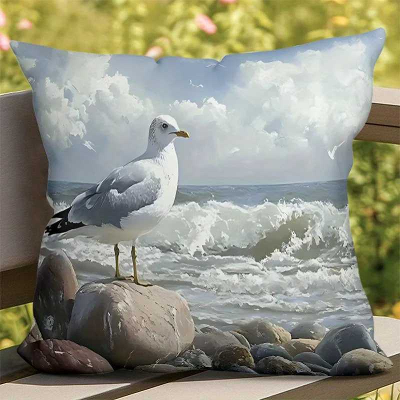 Seascape Seagull Pillow Cover Coastal Decor Cushion Case Polyester Zipper 16x16 Inch Square Calm Beach Scene Home Office Decor