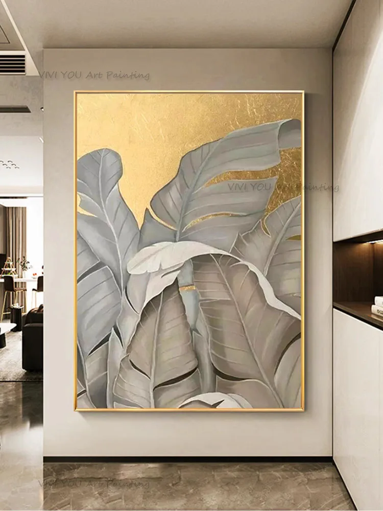 

100% Hand Painted New Art Gold Foil Plantain Leaf Oil Painting On Canvas Home Decor High-Q Wall Pictures Modern No Frame Picture