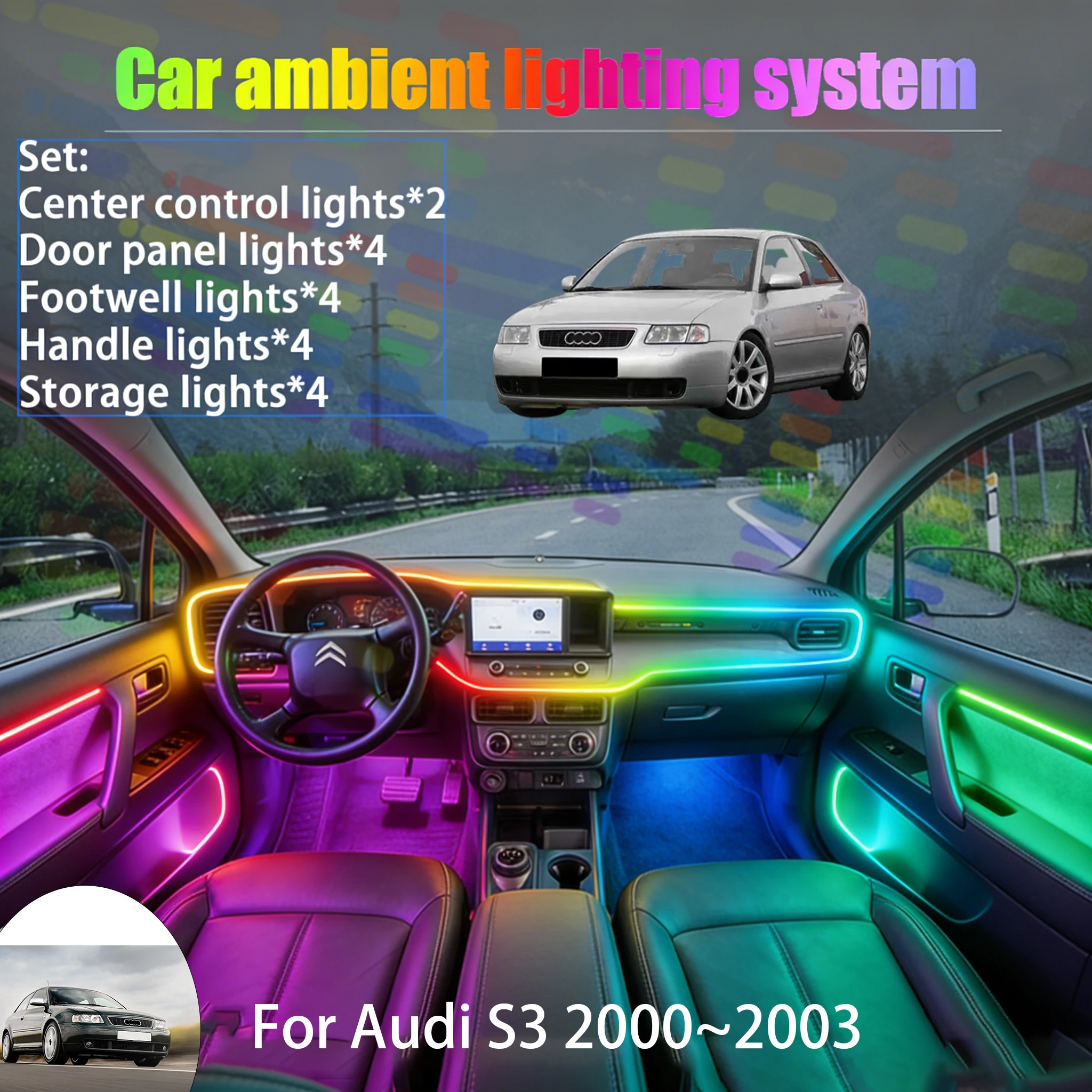 

Для Audi S3 2000-2003 MK1 2/18: Комплект светодиодной RGB-подсветки салона и багажника с USB-подключением, эффект «бегущей строки», автозапчасть