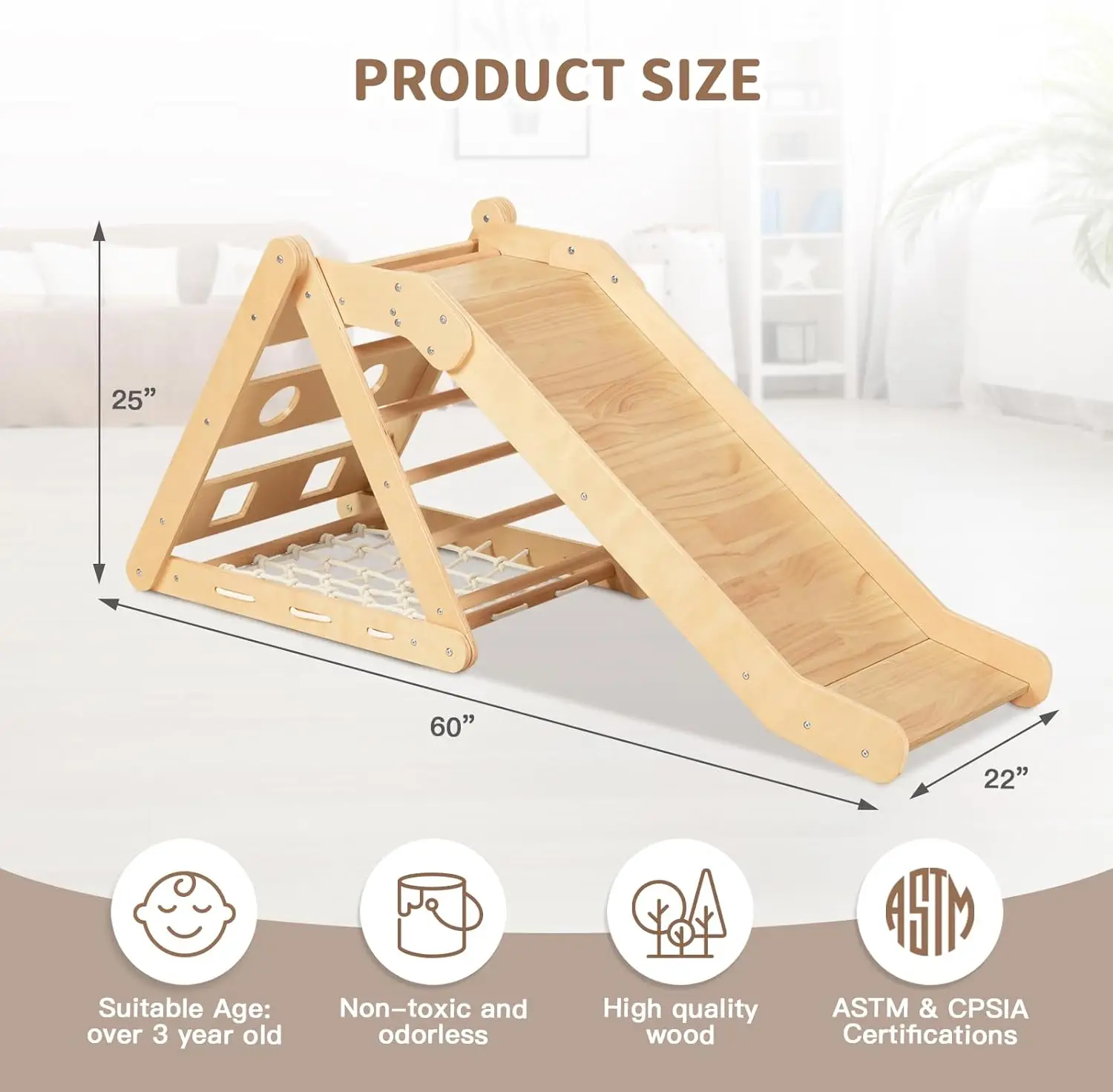 Triangle d'escalade 4 en 1 avec toboggan, échelle triangulaire d'escalade pour enfants à 3 côtés, filet et planche d'escalade