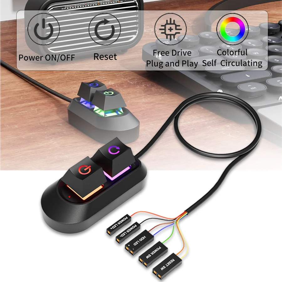 

Computer Desktop Switch PC Motherboard External Start Power On/Off And Reset Button 2M Extension Cable Key Switch RGB LED Lights