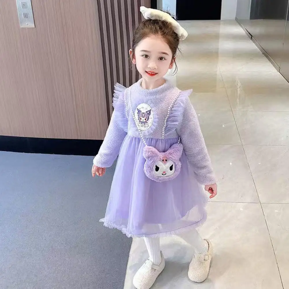 

Юбка Sanrio Kuromi для девочек, осенне-зимнее милое утепленное плюшевое платье принцессы, кавайный свитер, платье Лолиты с героями мультфильмов, детская одежда