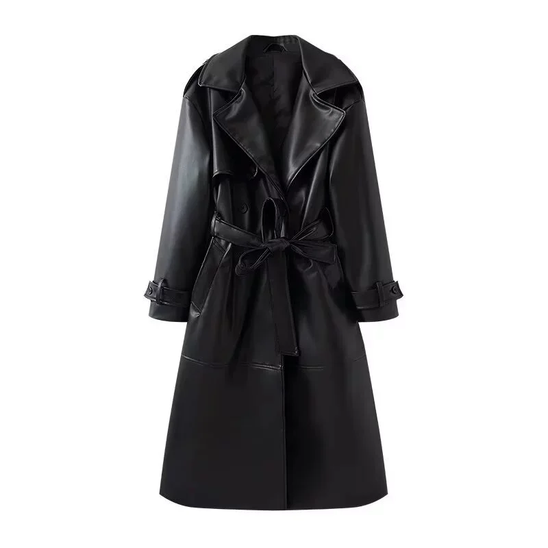 2025 X-long Faux Leather Trench Coat Women's Double-breasted Overcoat Autumn Winter Sashes Windbreaker Streetwear PU Outerwear