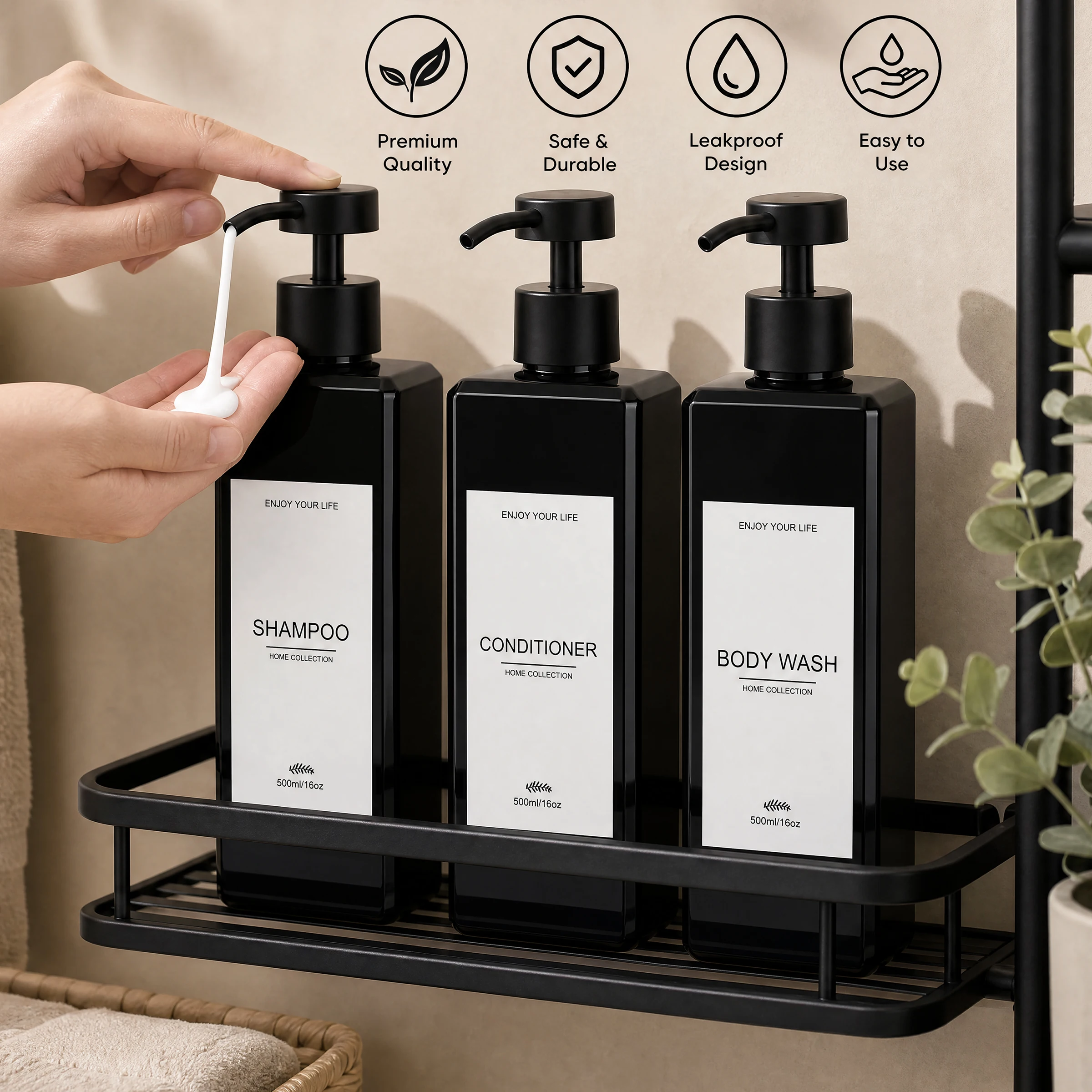 500ML Black Shower Soap Dispenser – Bathroom Shampoo, Bodywash & Conditioner Pump Bottles for Spa-Like Shower Experience