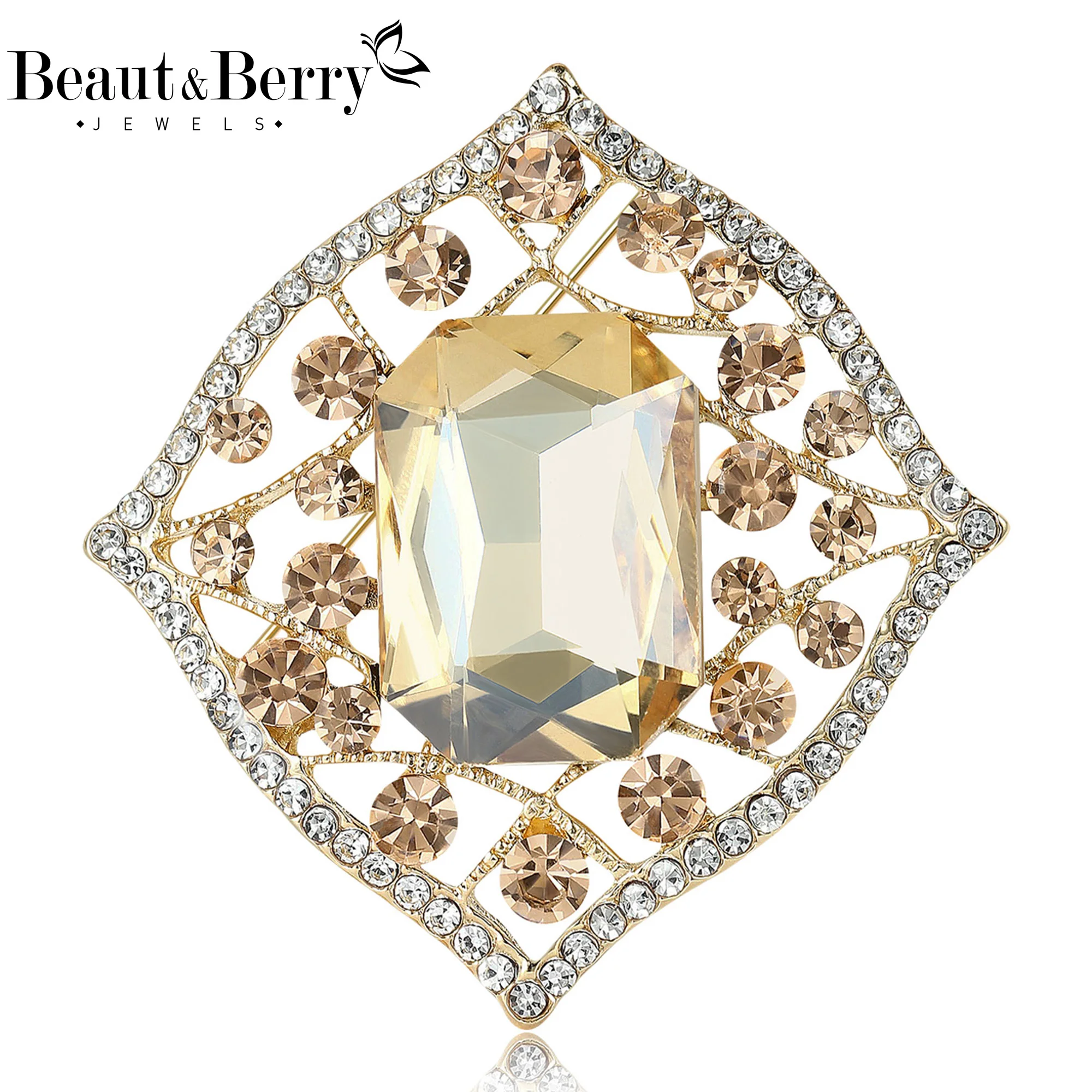 Beaut&Berry Luxury Openwork Crystal Glass Brooches for Women Unisex Rhinestone Pins Casual Party Jewelry Accessories Gifts